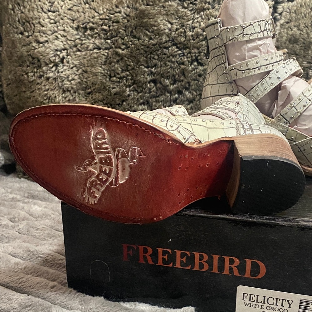 Freebird Croc-Embossed Ankle Booties in Cream and Brown - Picture 4 of 4